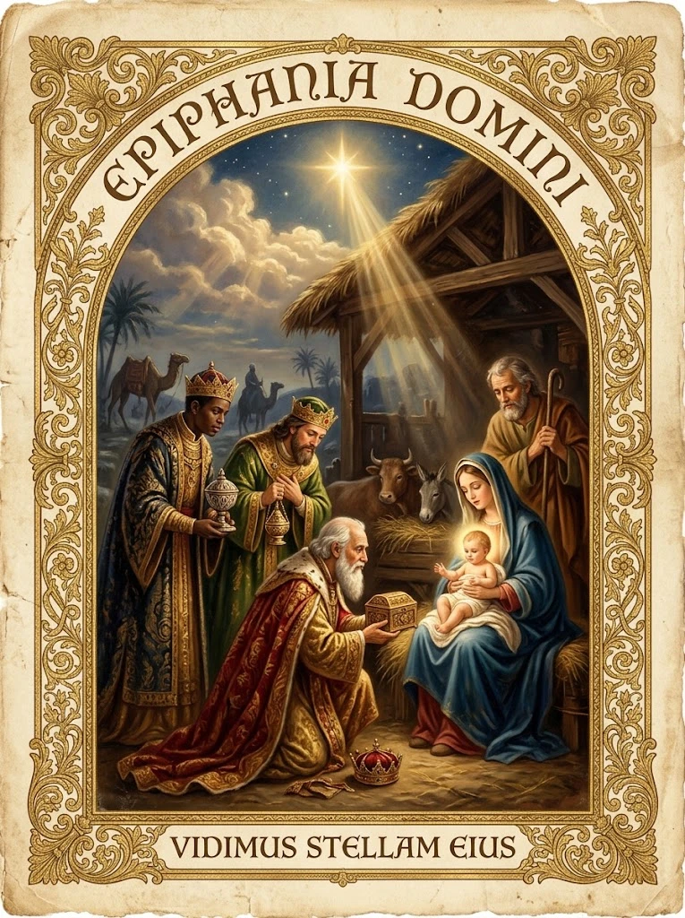 Estampita de Epifanía del Señor: Reyes Magos con las inscripciones «EPIPHANIA DOMINI» y «VIDIMUS STELLAM EIUS»