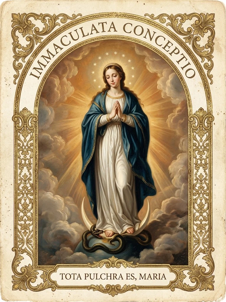 Estampita de Inmaculada Concepción con las inscripciones «IMMACULATA CONCEPTIO» y «TOTA PULCHRA ES, MARIA»