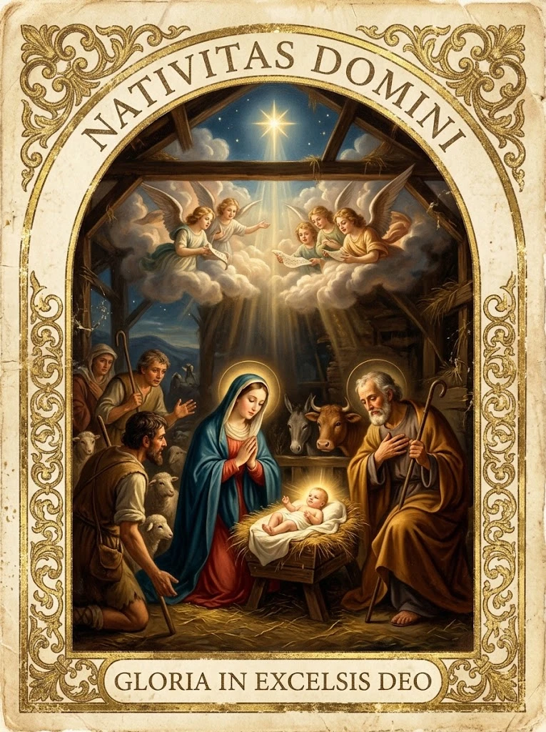 Estampita de Natividad del Señor con las inscripciones «NATIVITAS DOMINI» y «GLORIA IN EXCELSIS DEO»