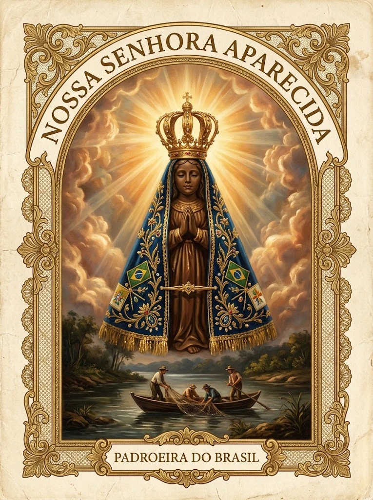 Estampita de Nuestra Señora Aparecida con las inscripciones «NOSSA SENHORA APARECIDA» y «PADROEIRA DO BRASIL»