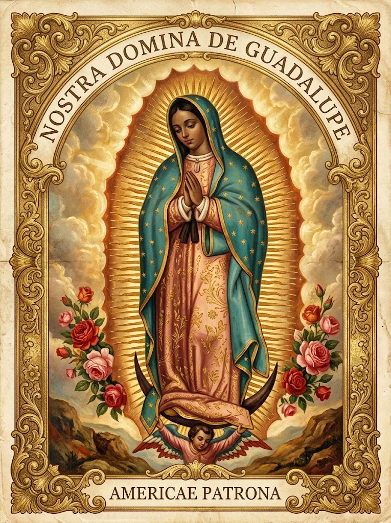 Estampita de Nuestra Señora de Guadalupe con las inscripciones «NOSTRA DOMINA DE GUADALUPE» y «AMERICAE PATRONA»