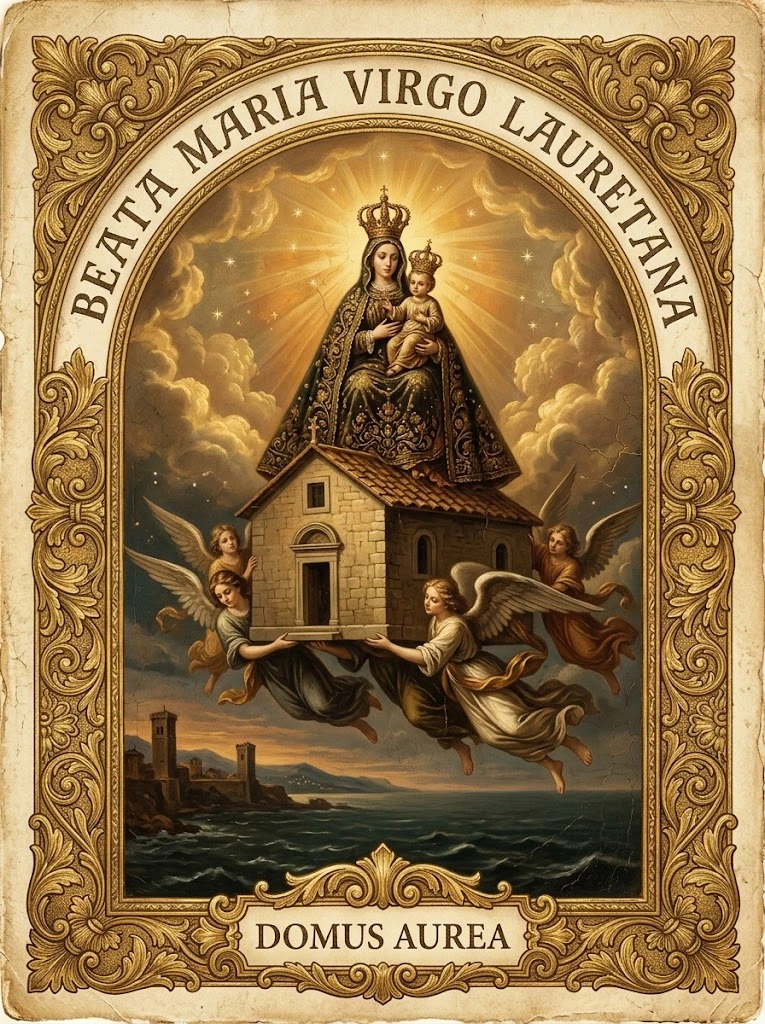 Estampita de Nuestra Señora de Loreto con las inscripciones «BEATA MARIA VIRGO LAURETANA» y «DOMUS AUREA»