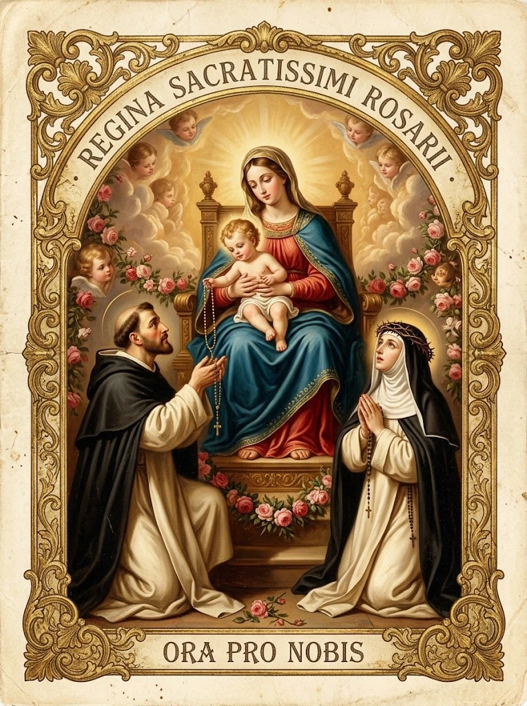Estampita de Nuestra Señora del Rosario con las inscripciones «REGINA SACRATISSIMI ROSARII» y «ORA PRO NOBIS»