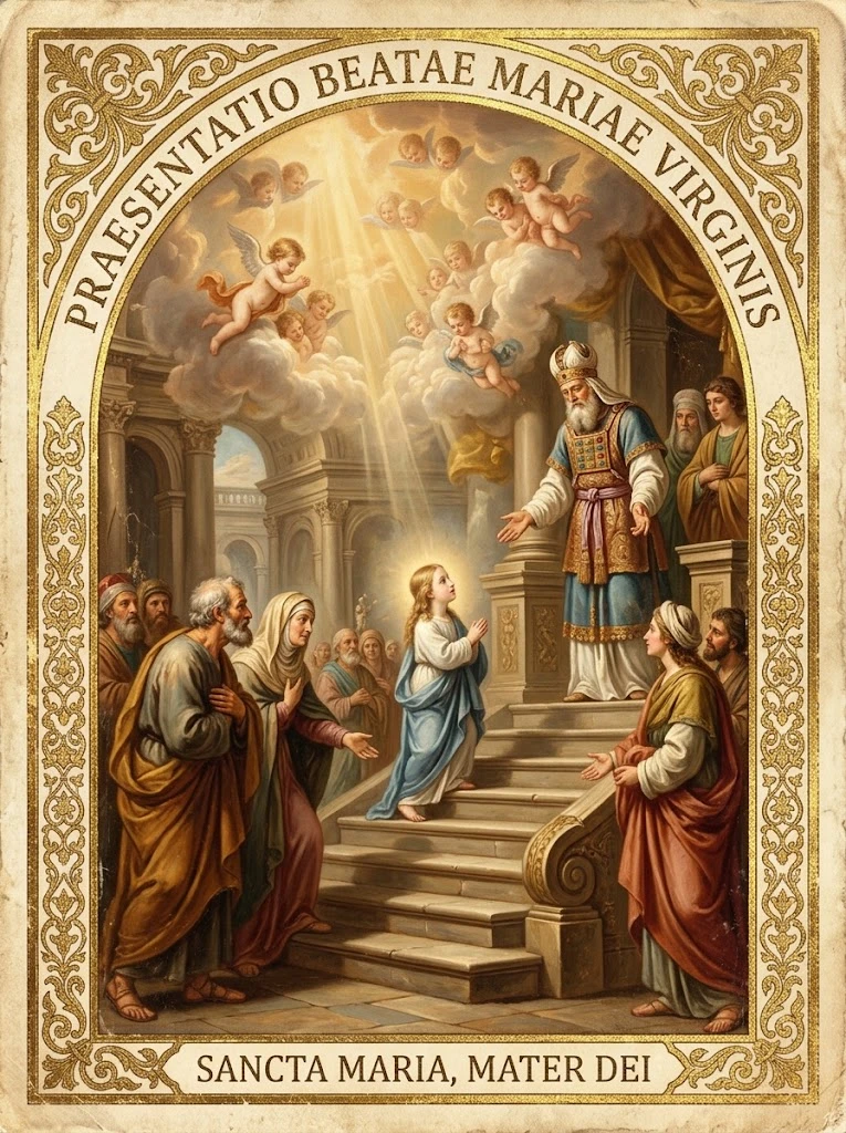 Estampita de Presentación de la Virgen María con las inscripciones «PRAESENTATIO BEATAE MARIAE VIRGINIS» y «SANCTA MARIA, MATER DEI»