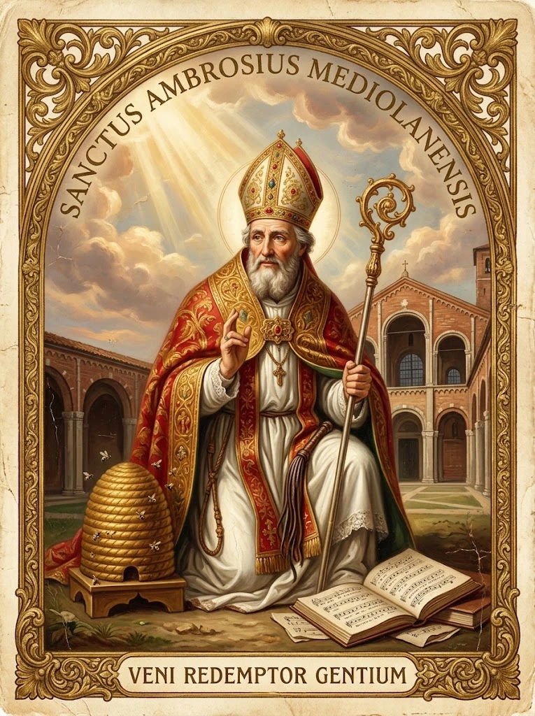 Estampita de San Ambrosio con las inscripciones «SANCTUS AMBROSIUS MEDIOLANENSIS» y «VENI REDEMPTOR GENTIUM»
