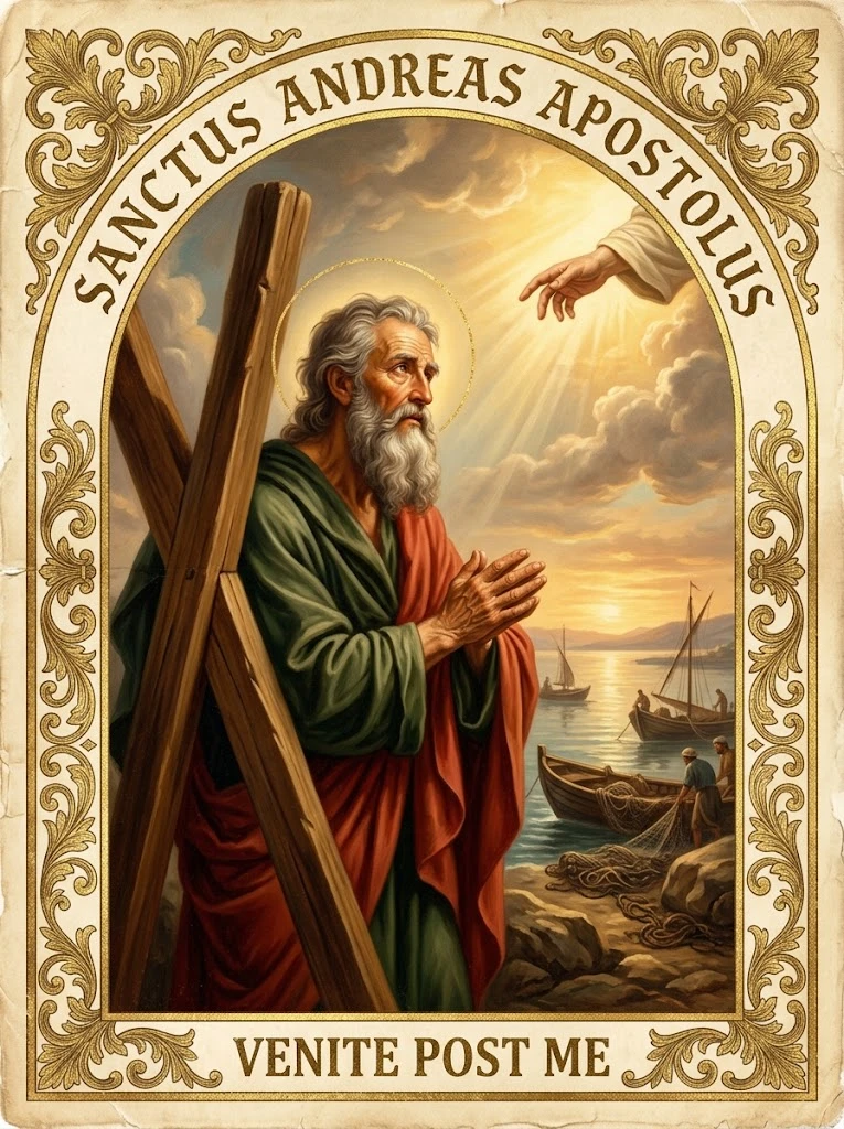 Estampita de San Andrés, apóstol con las inscripciones «SANCTUS ANDREAS APOSTOLUS» y «VENITE POST ME»