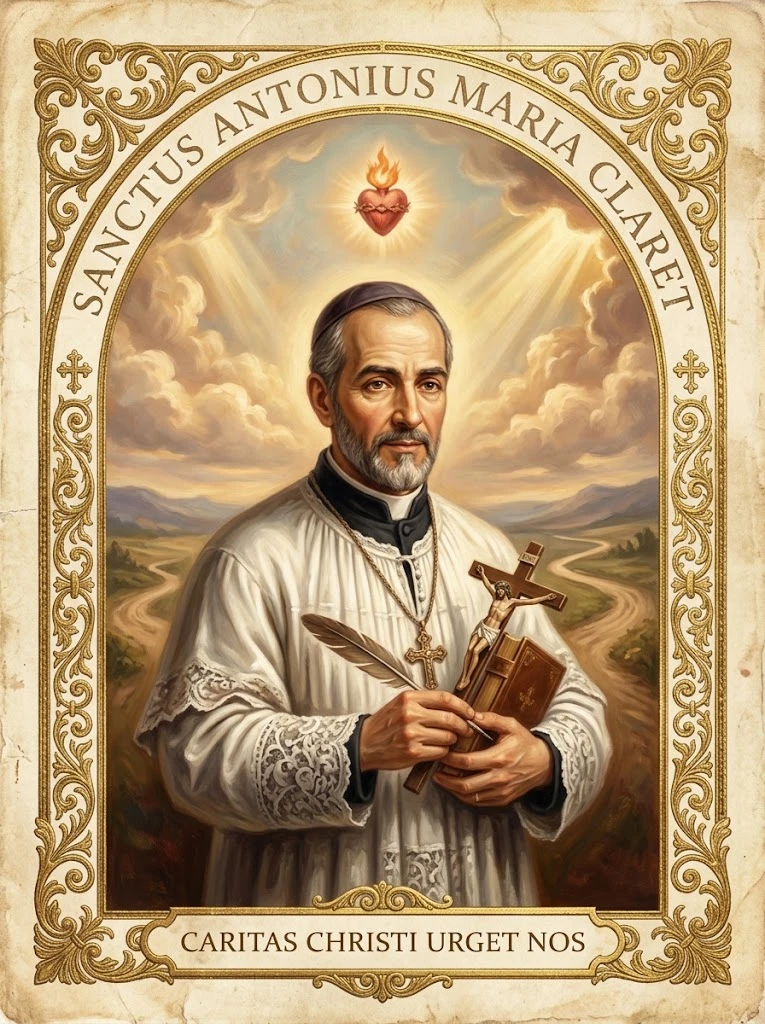 Estampita de San Antonio María Claret con las inscripciones «SANCTUS ANTONIUS MARIA CLARET» y «CARITAS CHRISTI URGET NOS»