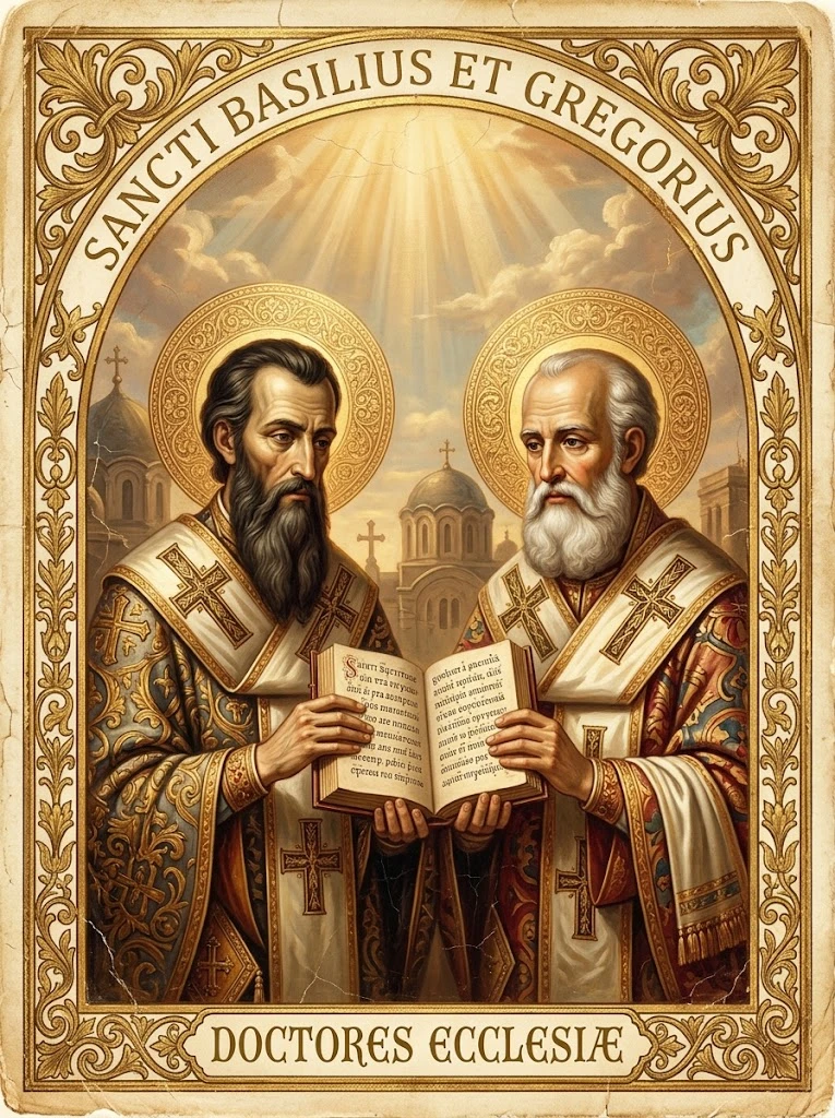 Estampita de San Basilio Magno y San Gregorio Nacianceno con las inscripciones «SANCTI BASILIUS ET GREGORIUS» y «DOCTORES ECCLESIAE»