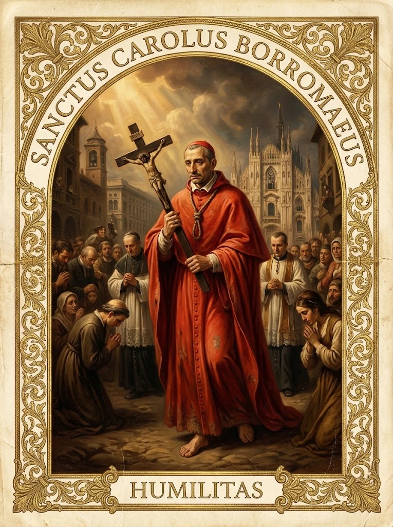 Estampita de San Carlos Borromeo con las inscripciones «SANCTUS CAROLUS BORROMAEUS» y «HUMILITAS»