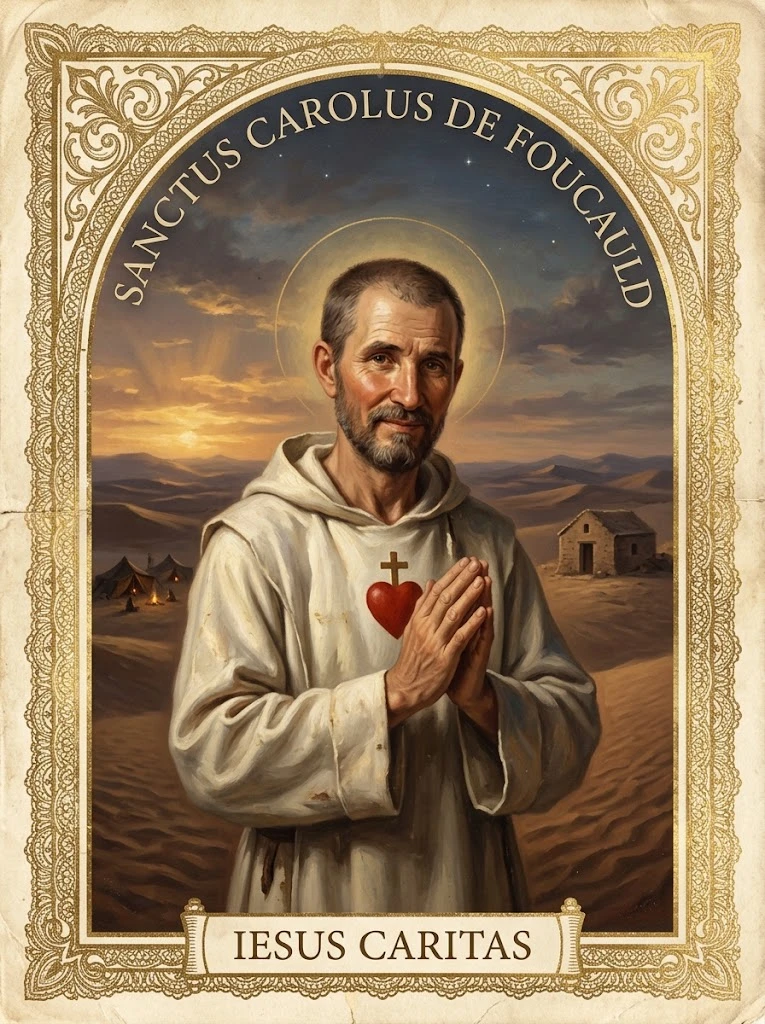 Estampita de San Carlos de Foucauld con las inscripciones «SANCTUS CAROLUS DE FOUCAULD» y «IESUS CARITAS»