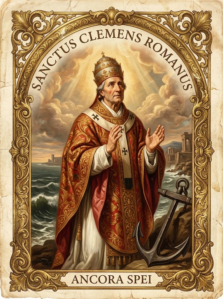 Estampita de San Clemente I con las inscripciones «SANCTUS CLEMENS ROMANUS» y «ANCORA SPEI»