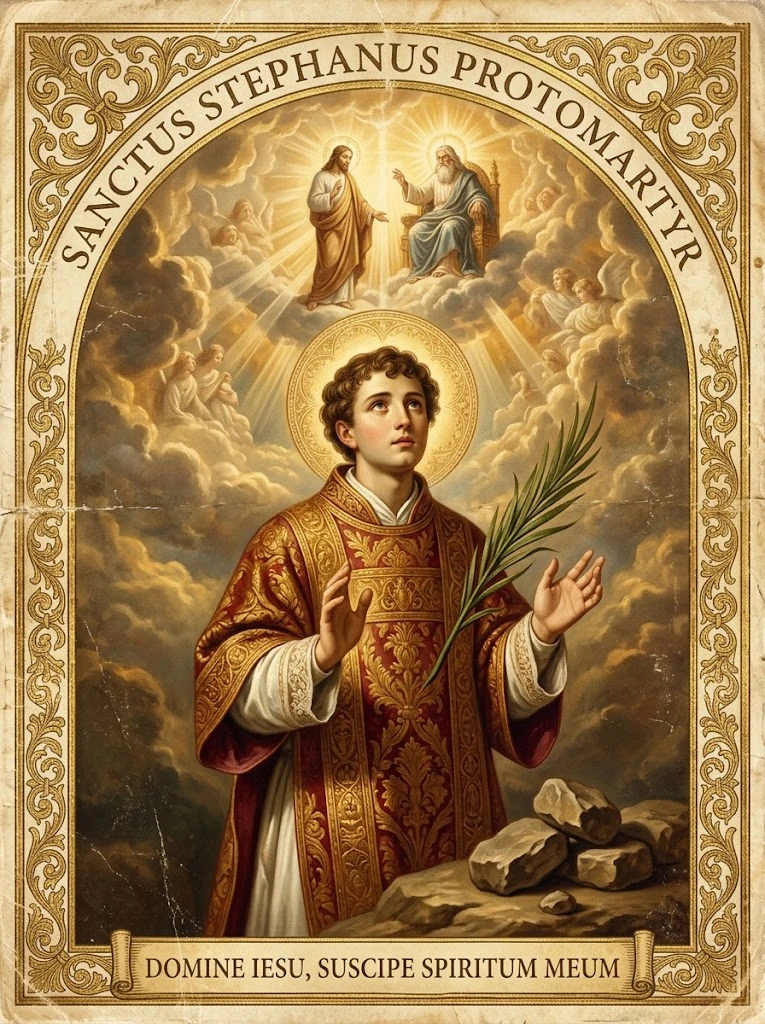 Estampita de San Esteban, primer mártir con las inscripciones «SANCTUS STEPHANUS PROTOMARTYR» y «DOMINE IESU, SUSCIPE SPIRITUM MEUM»