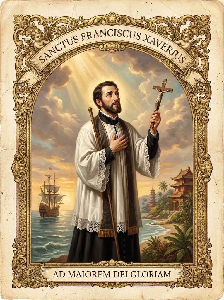 Estampita de San Francisco Javier con las inscripciones «SANCTUS FRANCISCUS XAVERIUS» y «AD MAIOREM DEI GLORIAM»