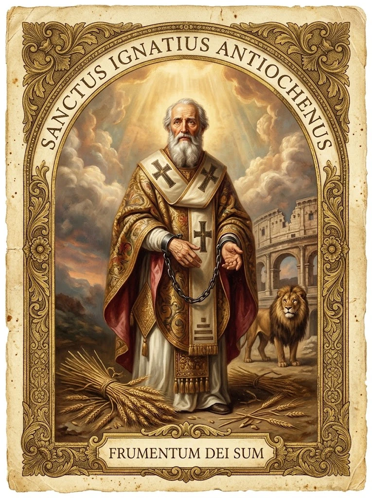 Estampita de San Ignacio de Antioquía con las inscripciones «SANCTUS IGNATIUS ANTIOCHENUS» y «FRUMENTUM DEI SUM»
