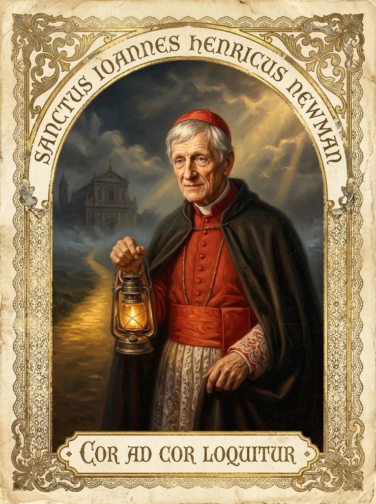 Estampita de San John Henry Newman con las inscripciones «SANCTUS IOANNES HENRICUS NEWMAN» y «COR AD COR LOQUITUR»