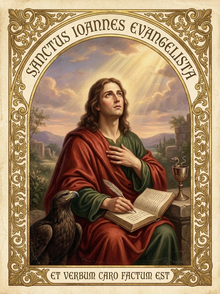 Estampita de San Juan, apóstol y evangelista con las inscripciones «SANCTUS IOANNES EVANGELISTA» y «ET VERBUM CARO FACTUM EST»