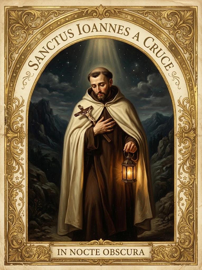 Estampita de San Juan de la Cruz con las inscripciones «SANCTUS IOANNES A CRUCE» y «IN NOCTE OBSCURA»