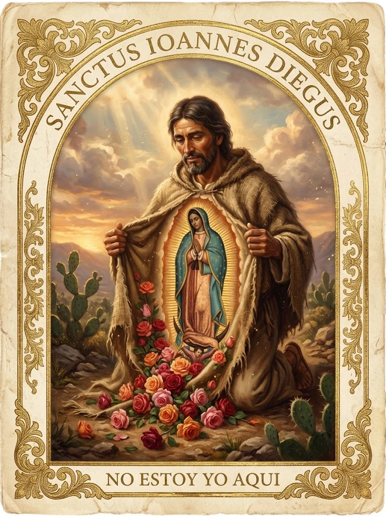 Estampita de San Juan Diego con las inscripciones «SANCTUS IOANNES DIEGUS» y «NO ESTOY YO AQUI»