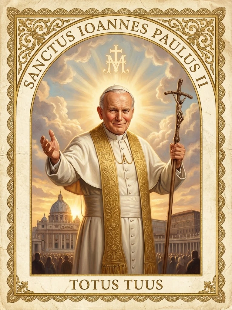 Estampita de San Juan Pablo II con las inscripciones «SANCTUS IOANNES PAULUS II» y «TOTUS TUUS»