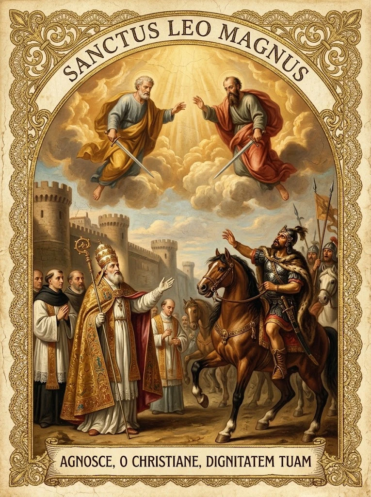 Estampita de San León Magno con las inscripciones «SANCTUS LEO MAGNUS» y «AGNOSCE, O CHRISTIANE, DIGNITATEM TUAM»