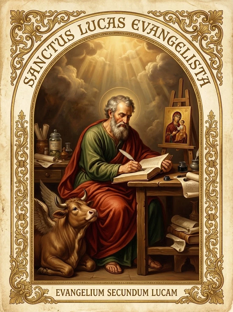 Estampita de San Lucas, Evangelista con las inscripciones «SANCTUS LUCAS EVANGELISTA» y «EVANGELIUM SECUNDUM LUCAM»