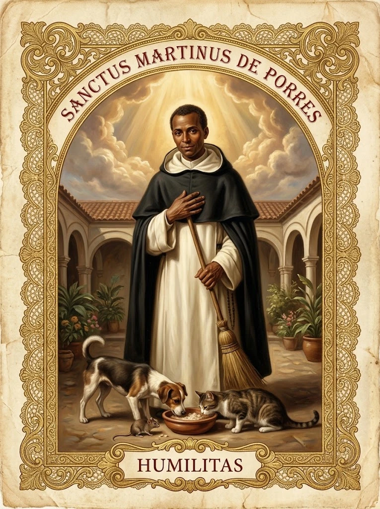 Estampita de San Martín de Porres con las inscripciones «SANCTUS MARTINUS DE PORRES» y «HUMILITAS»