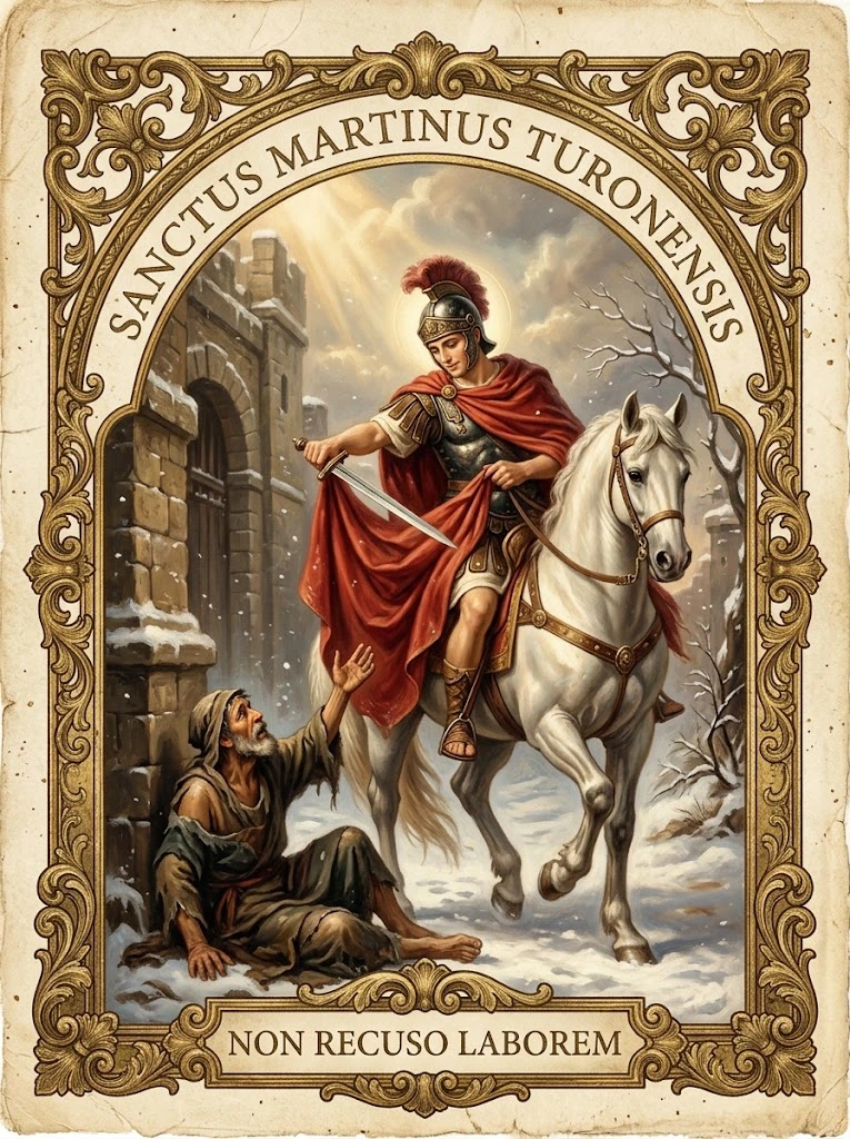 Estampita de San Martín de Tours con las inscripciones «SANCTUS MARTINUS TURONENSIS» y «NON RECUSO LABOREM»