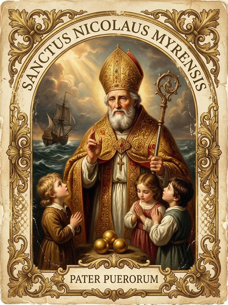 Estampita de San Nicolás de Bari con las inscripciones «SANCTUS NICOLAUS MYRENSIS» y «PATER PUERORUM»