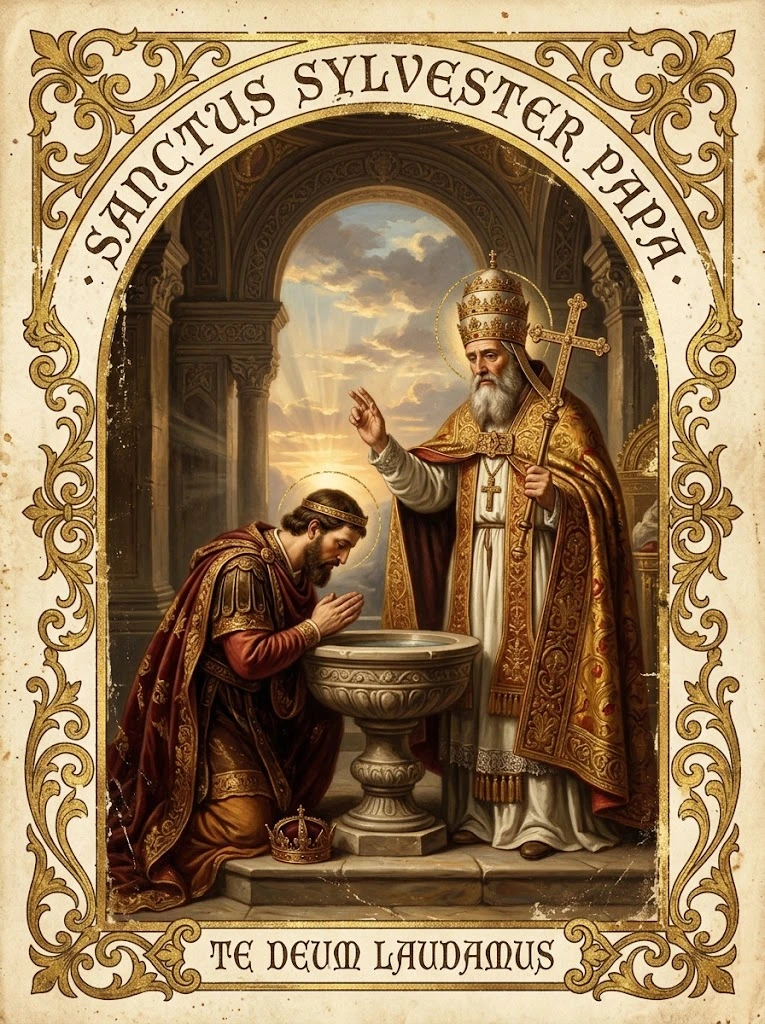 Estampita de San Silvestre I con las inscripciones «SANCTUS SYLVESTER PAPA» y «TE DEUM LAUDAMUS»