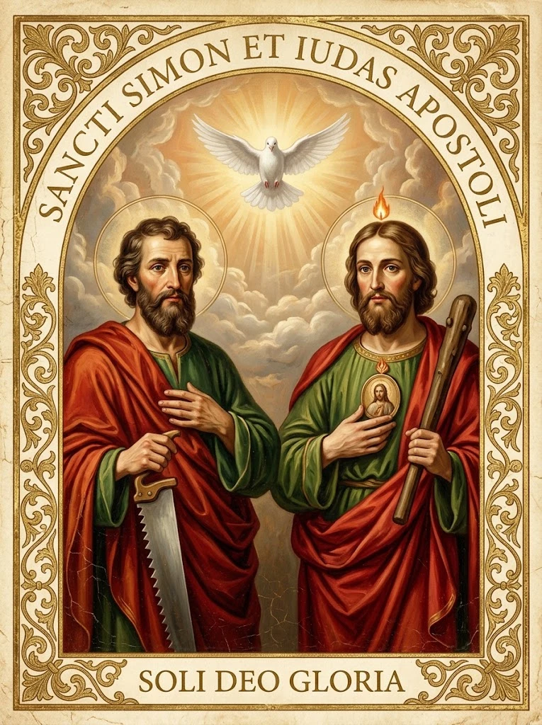 Estampita de San Simón y San Judas Tadeo con las inscripciones «SANCTI SIMON ET IUDAS APOSTOLI» y «SOLI DEO GLORIA»
