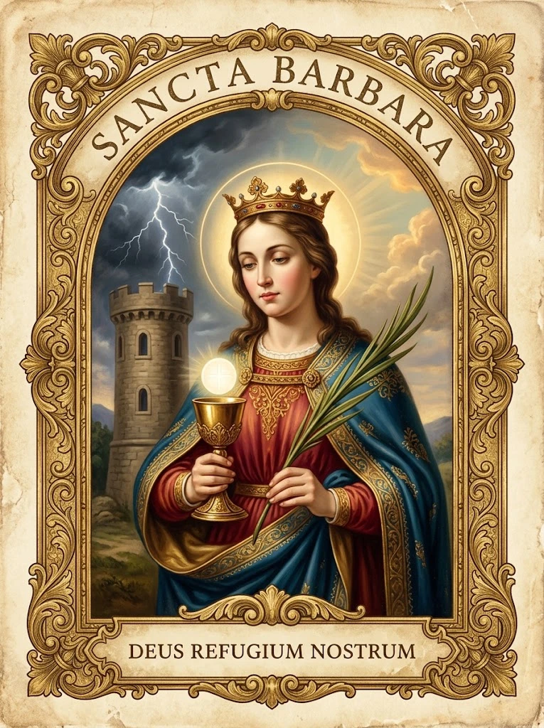 Estampita de Santa Bárbara con las inscripciones «SANCTA BARBARA» y «DEUS REFUGIUM NOSTRUM»