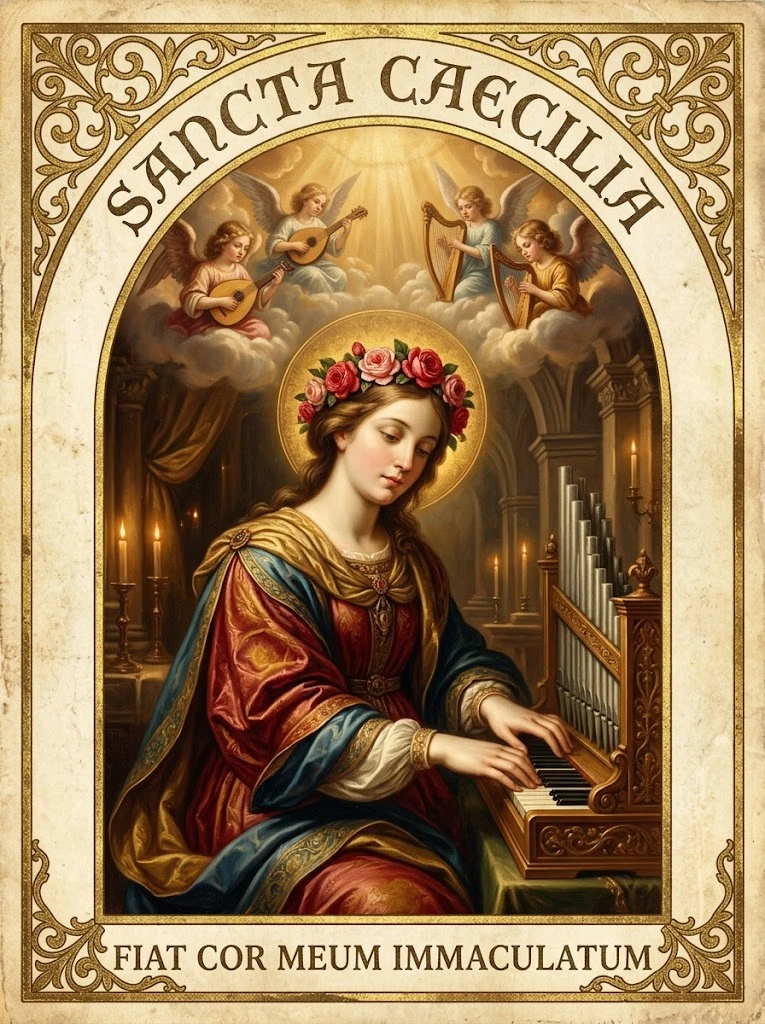 Estampita de Santa Cecilia con las inscripciones «SANCTA CAECILIA» y «FIAT COR MEUM IMMACULATUM»