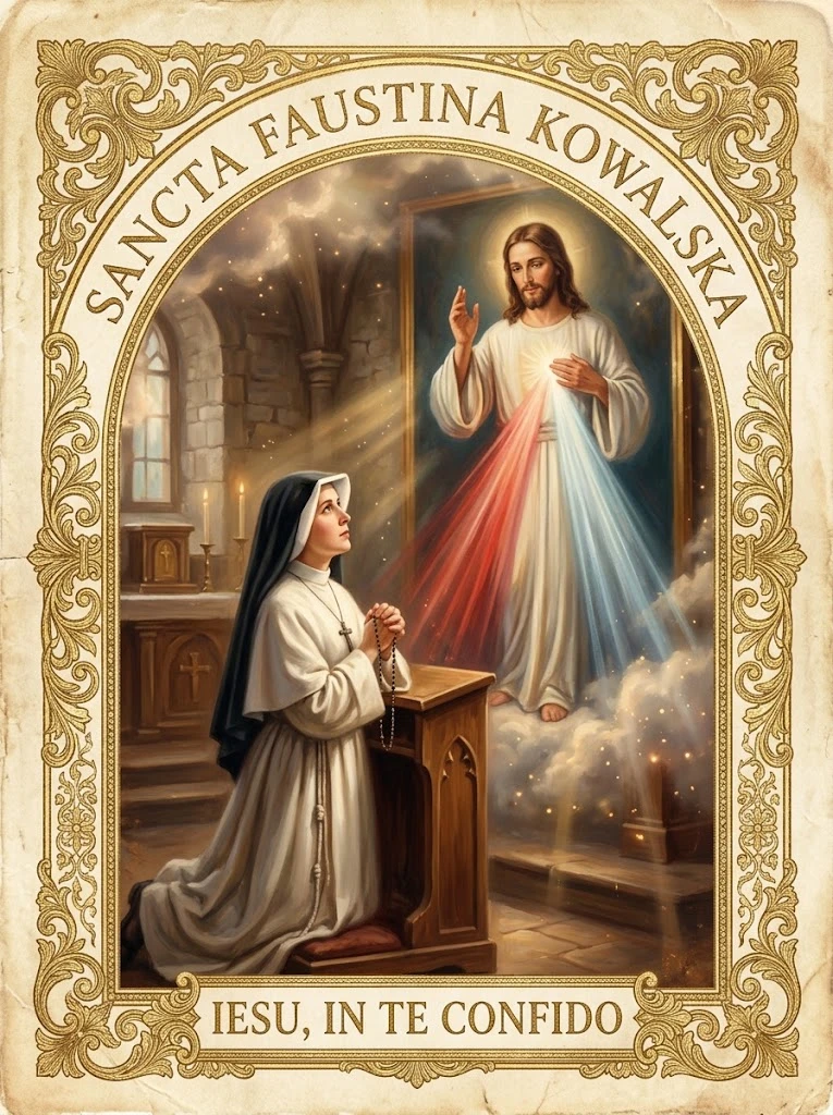 Estampita de Santa Faustina Kowalska con las inscripciones «SANCTA FAUSTINA KOWALSKA» y «IESU, IN TE CONFIDO»