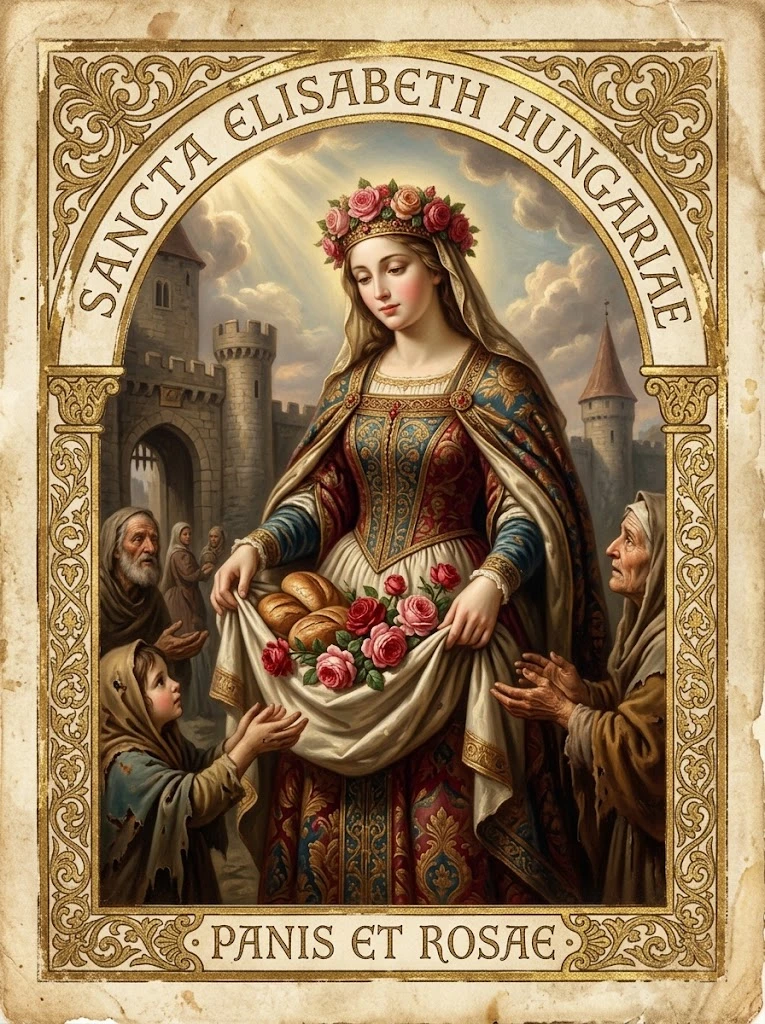Estampita de Santa Isabel de Hungría con las inscripciones «SANCTA ELISABETH HUNGARIAE» y «PANIS ET ROSAE»