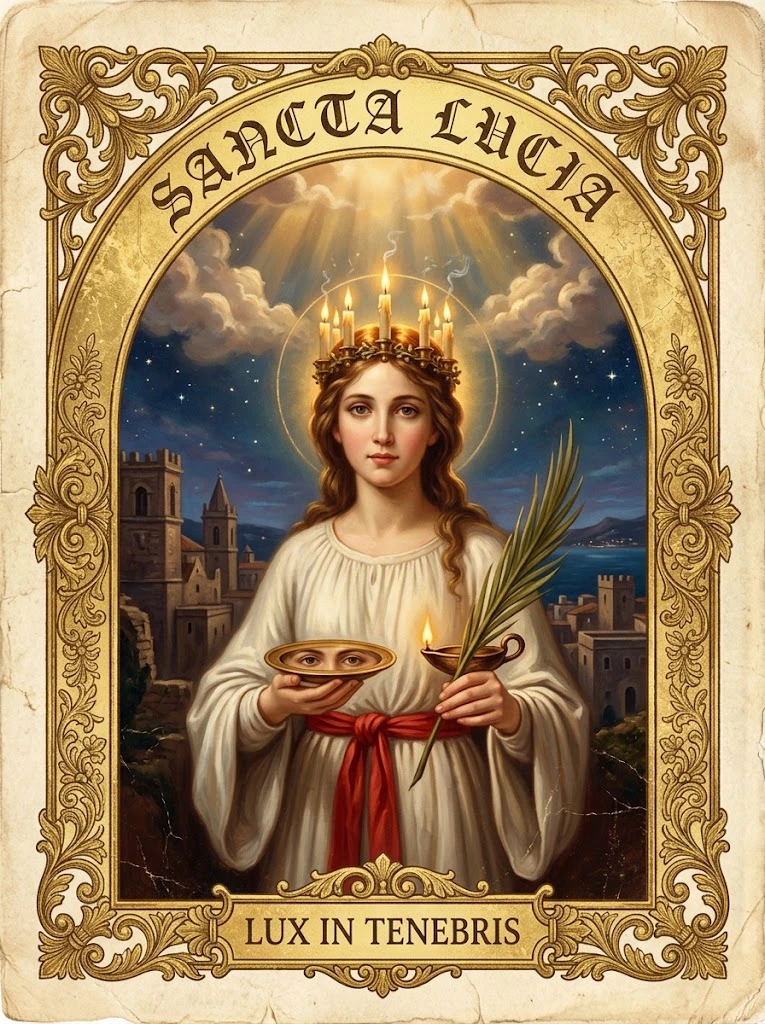 Estampita de Santa Lucía con las inscripciones «SANCTA LUCIA» y «LUX IN TENEBRIS»