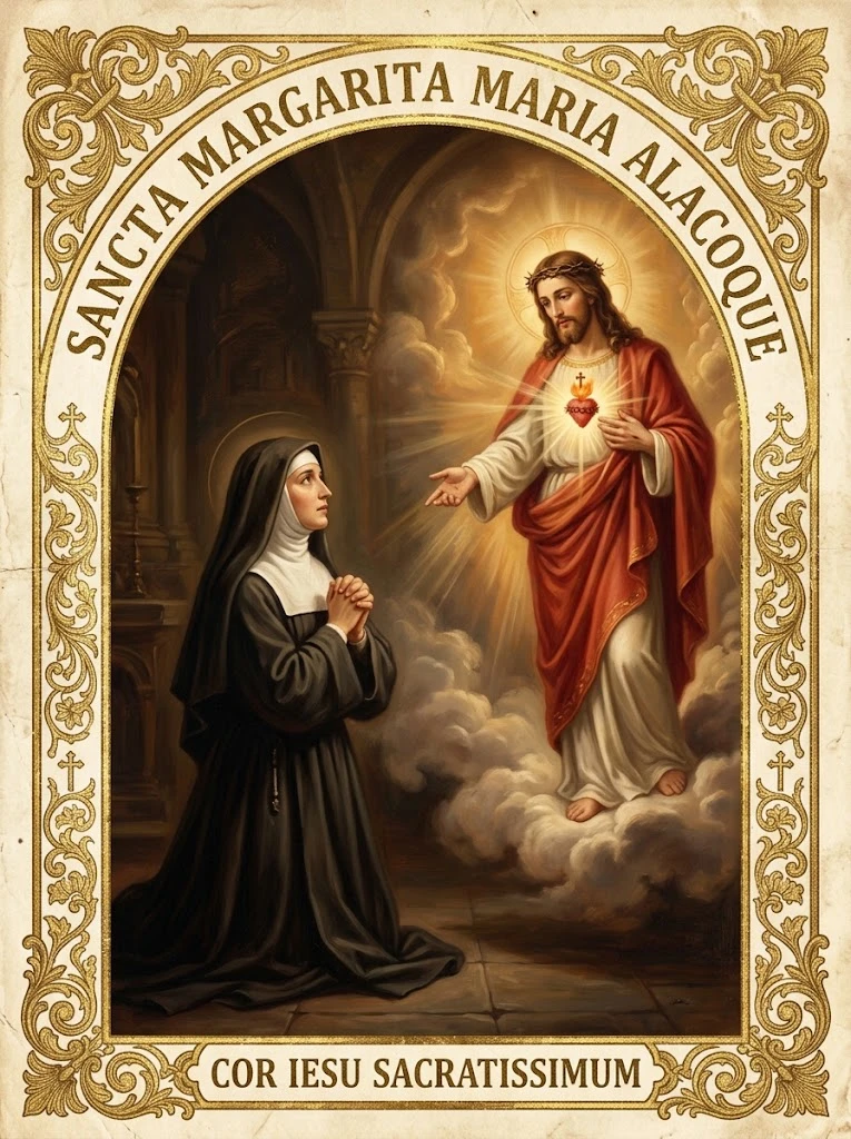Estampita de Santa Margarita María Alacoque con las inscripciones «SANCTA MARGARITA MARIA ALACOQUE» y «COR IESU SACRATISSIMUM»