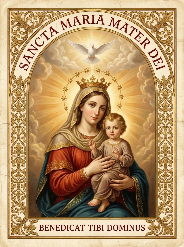 Estampita de Santa María, Madre de Dios con las inscripciones «SANCTA MARIA MATER DEI» y «BENEDICAT TIBI DOMINUS»