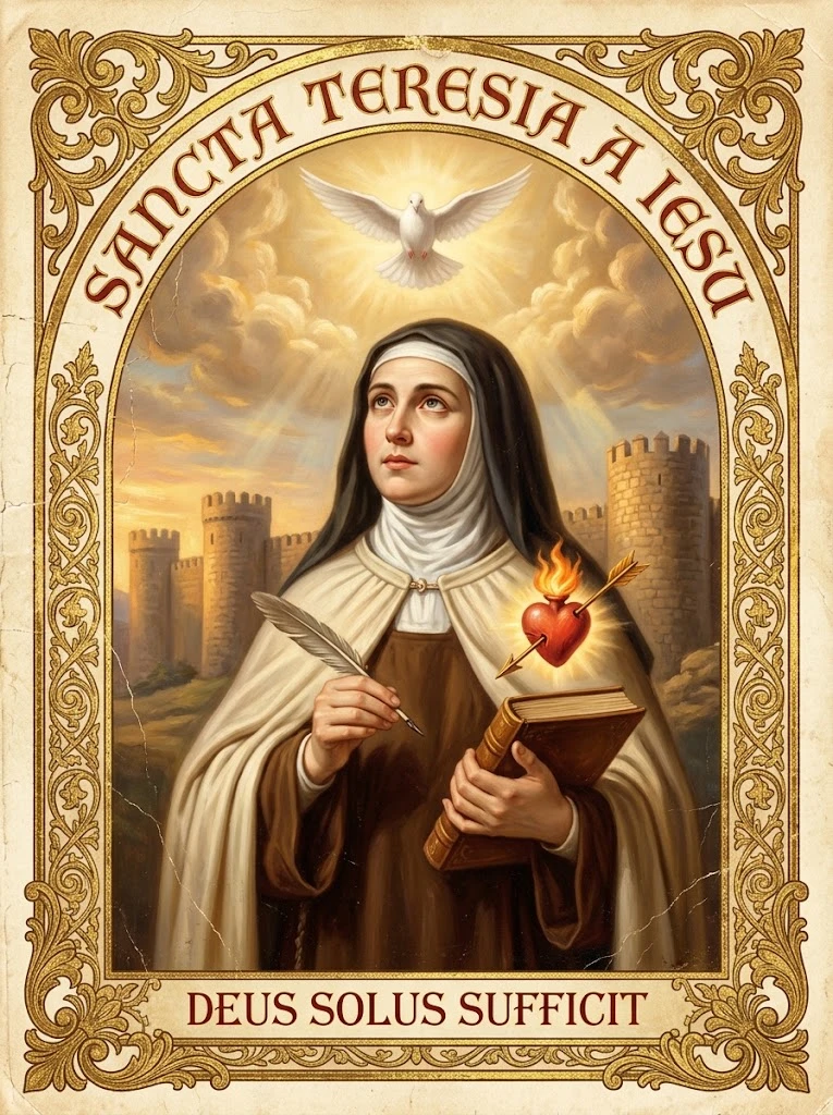 Estampita de Santa Teresa de Jesús con las inscripciones «SANCTA TERESIA A IESU» y «DEUS SOLUS SUFFICIT»