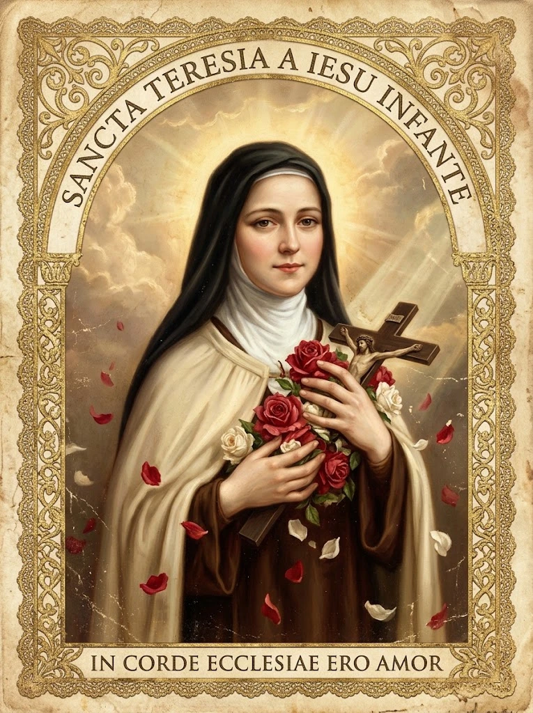 Estampita de Santa Teresa del Niño Jesús con las inscripciones «SANCTA TERESIA A IESU INFANTE» y «IN CORDE ECCLESIAE ERO AMOR»