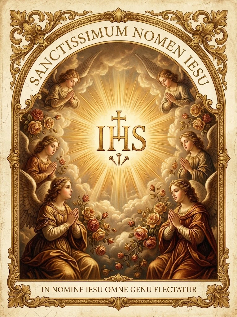Estampita de Santísimo Nombre de Jesús con las inscripciones «SANCTISSIMUM NOMEN IESU» y «IN NOMINE IESU OMNE GENU FLECTATUR»