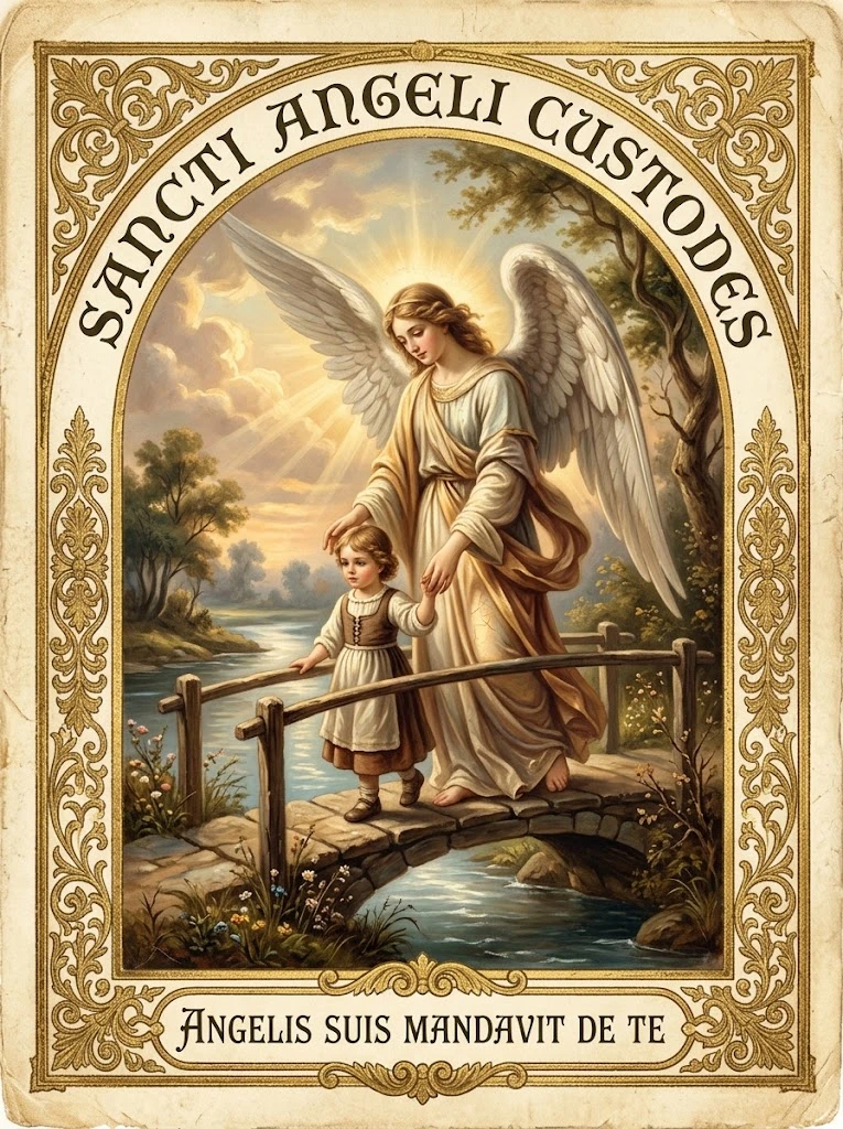 Estampita de Santos Ángeles Custodios con las inscripciones «SANCTI ANGELI CUSTODES» y «ANGELIS SUIS MANDAVIT DE TE»