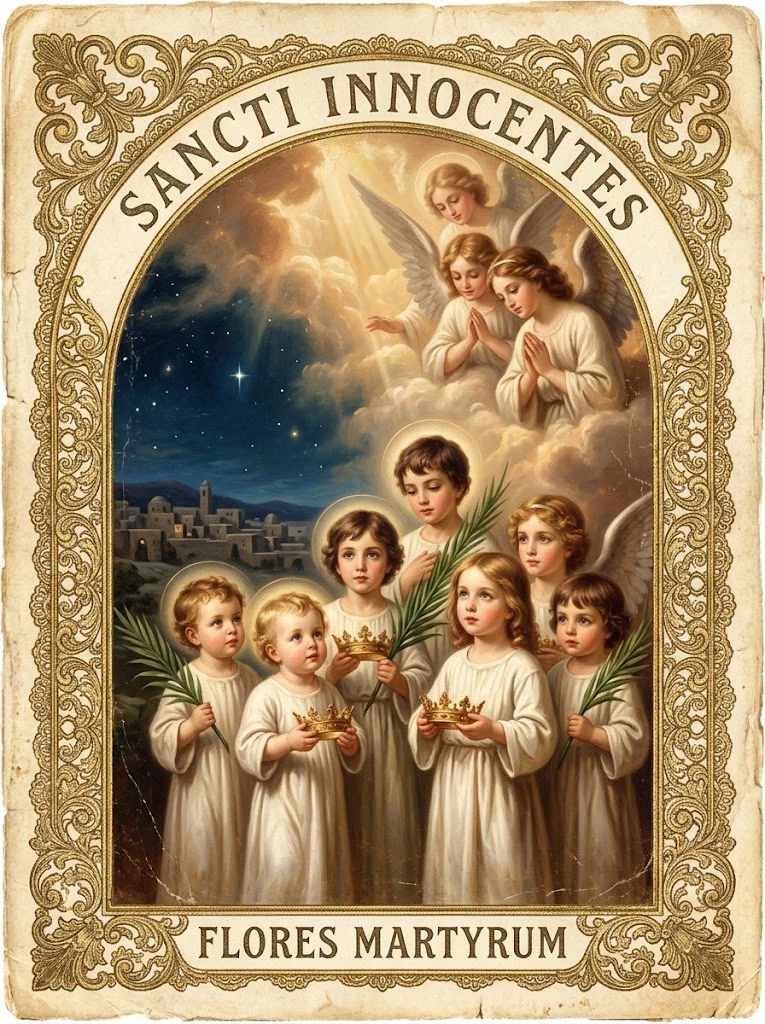 Estampita de Santos Inocentes con las inscripciones «SANCTI INNOCENTES» y «FLORES MARTYRUM»
