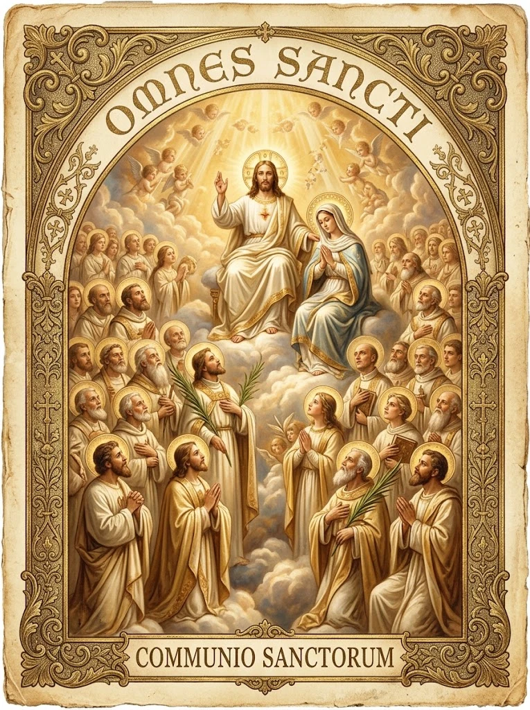 Estampita de Todos los Santos con las inscripciones «OMNES SANCTI» y «COMMUNIO SANCTORUM»